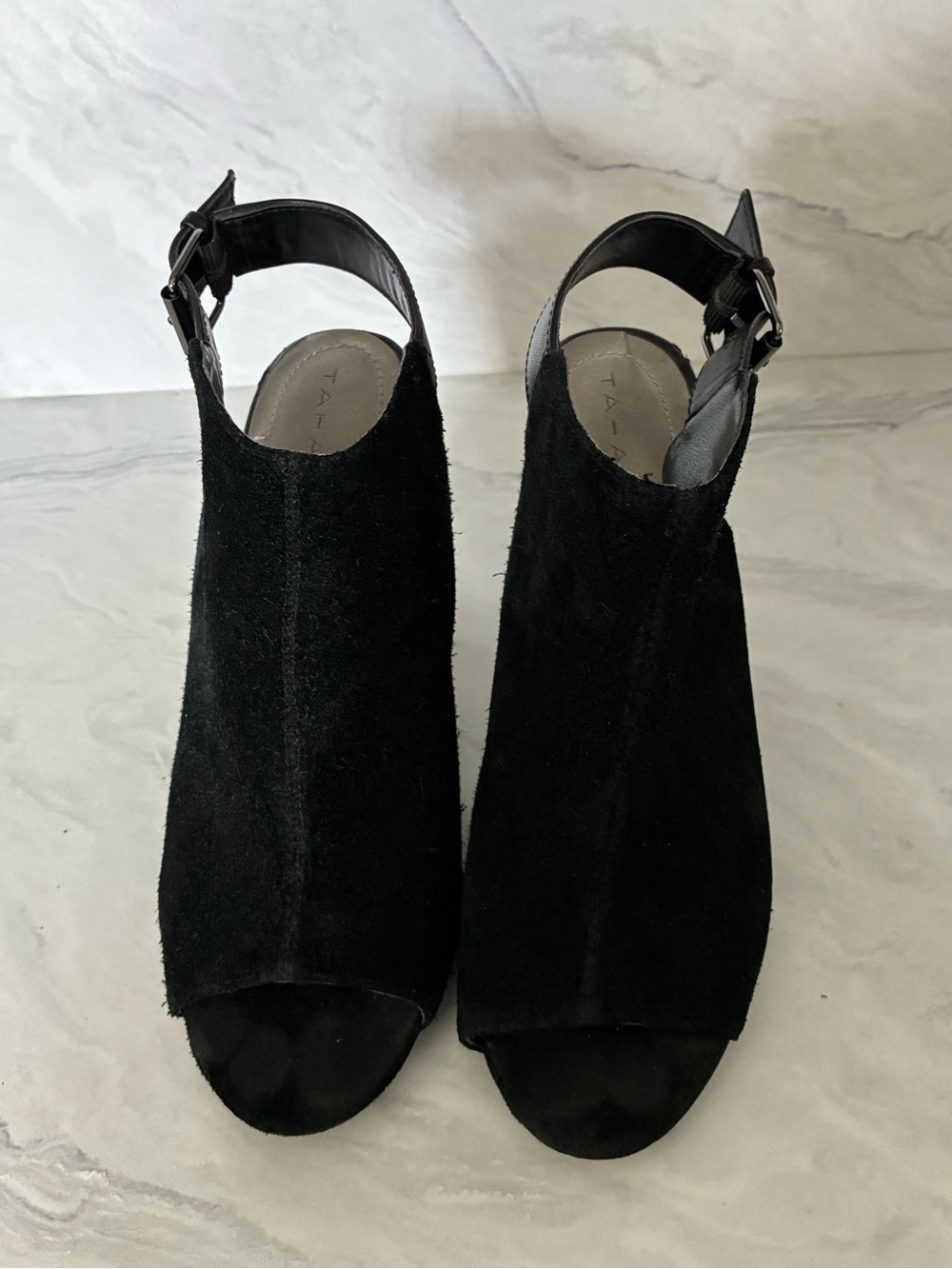 Tahari Margaret Black Suede Open-Toe Slingback Mules